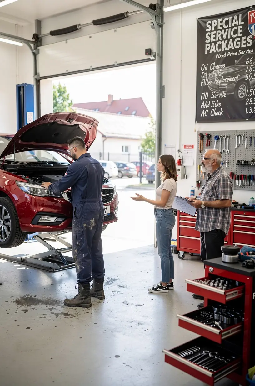 Detailný pohľad na nástroje potrebné na výmenu filtrov a kontrolu tekutín v autoservise.